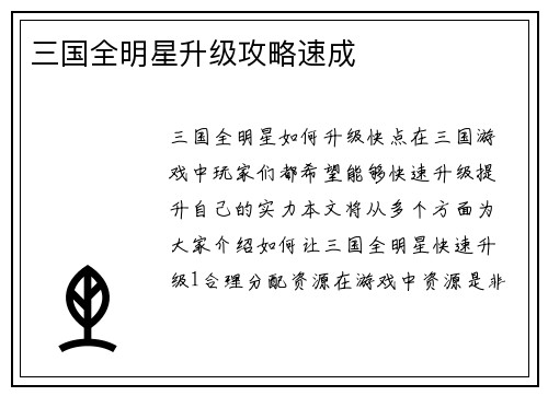 三国全明星升级攻略速成